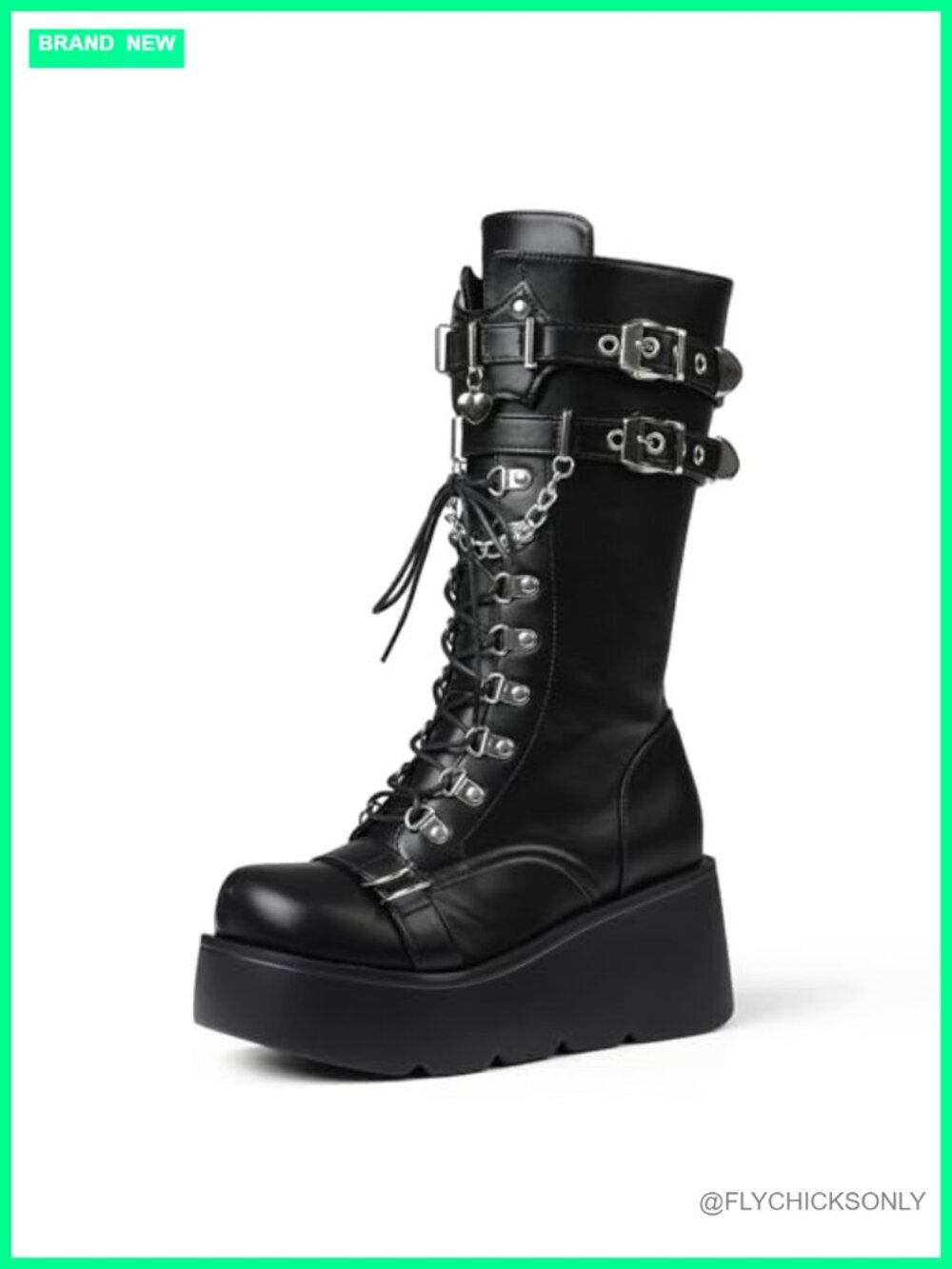 Women's Platform Wedge Combat Boots Chunky Heel Lace Up Mid Calf Punk